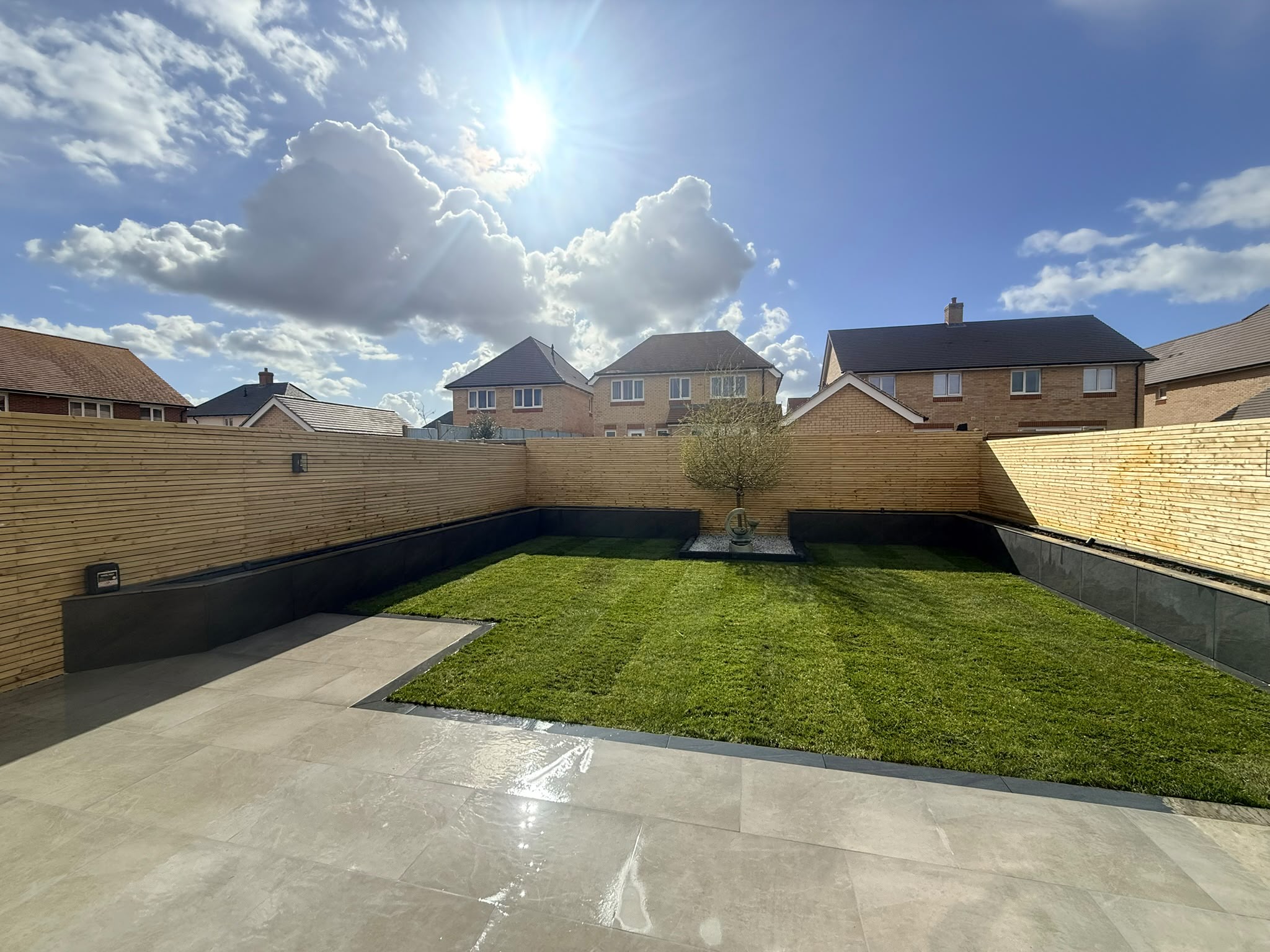 Modern garden with feature tree focal point on the Redrow estate, Witham